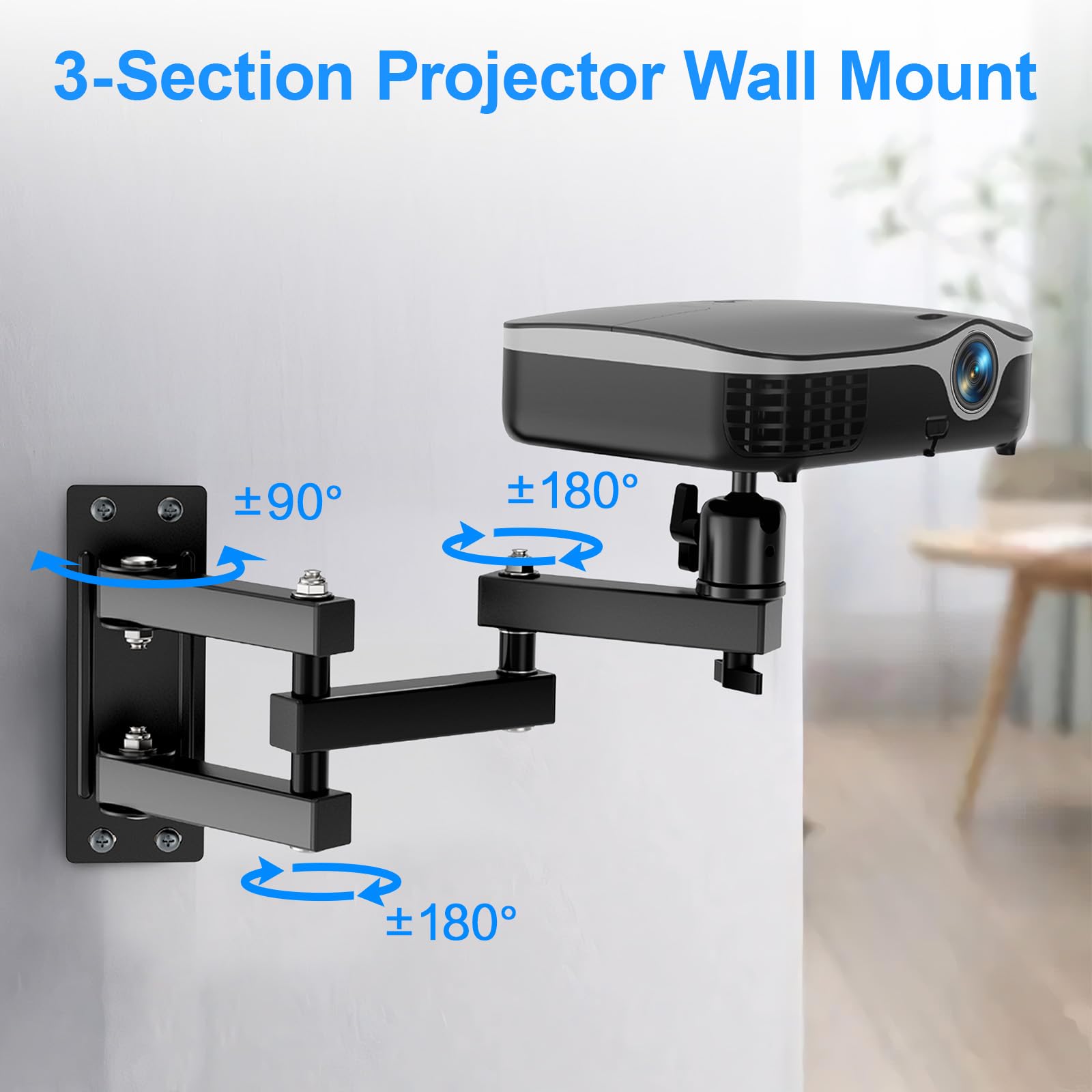 Supporto da Parete per Proiettore Pieghevole, Staffa da Soffitto per Proiettore con viti da 1/4 con Rotazione a 360° per Home Theatre, Ufficio e Sala Giochi