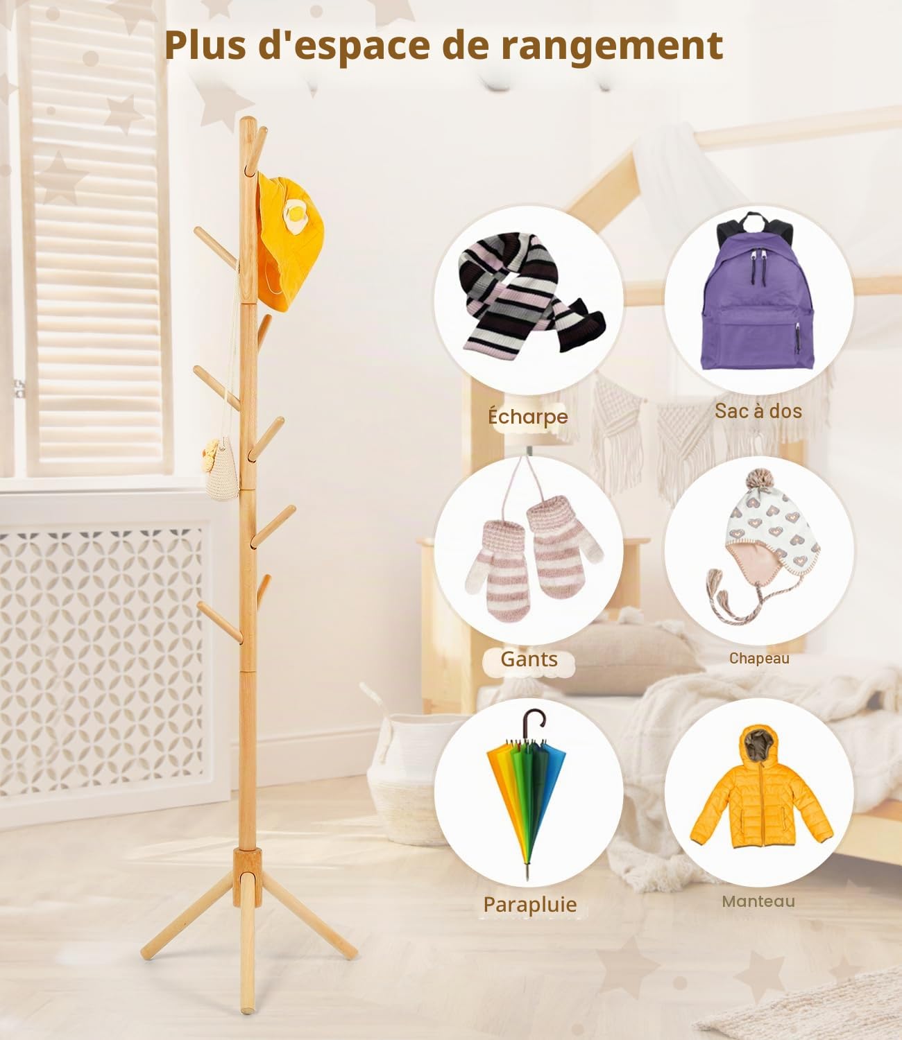 Porte-manteau en bois de hêtre pour enfants – Support à hauteur réglable avec 9 crochets, organiseur de vêtements pour enfants autonome pour couloir, chambre à coucher, assemblage facile