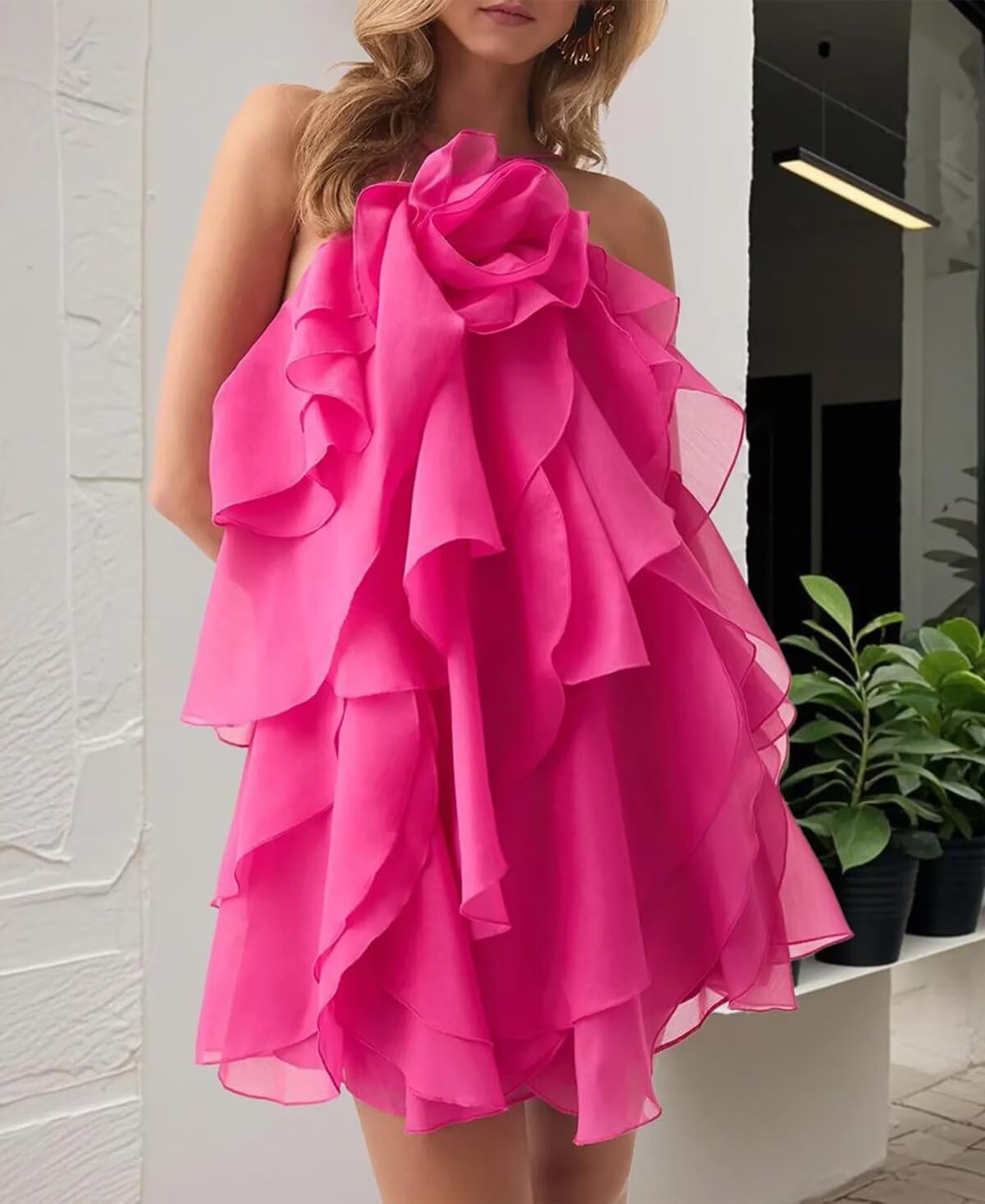 3D Flower Ruffles Homecoming Dresses Halter Short Prom Dress Tiered Cocktail Party Gown