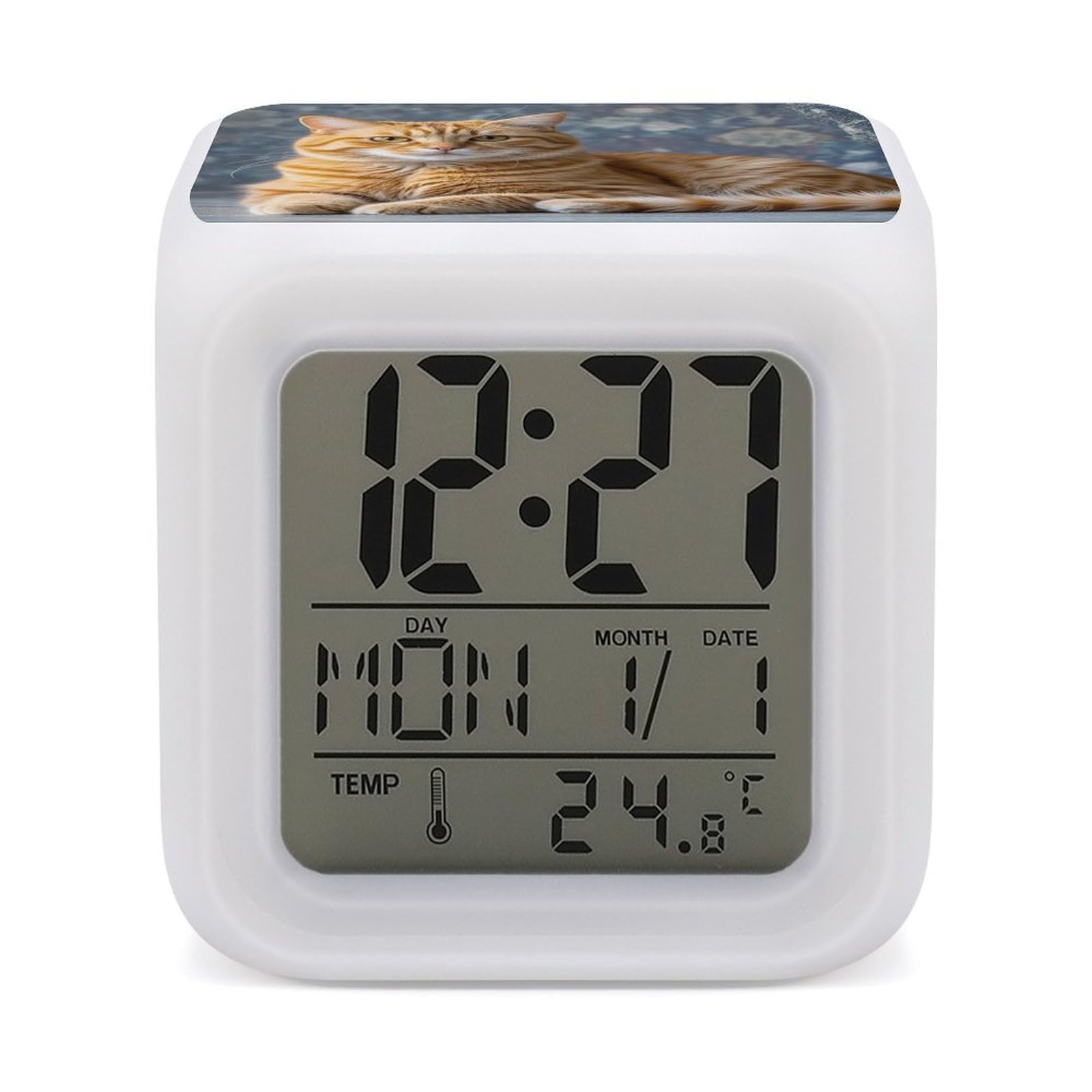 LZQPOEAS Cat Alarm Clock Desk Clock with 7 Color Changing Night Light Digital Clocks with Temperature Display Sleep Training and Sound Machine for Heavy Sleeper