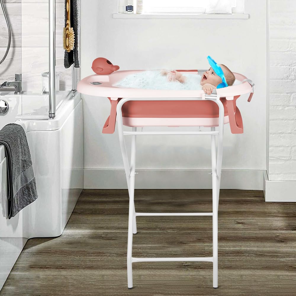 Vasca da bagno con supporto stabile, termometro integrato, tappetino da bagno e cuffia da bagno, pieghevole e antiscivolo, adatta per neonati e bambini (rosa)