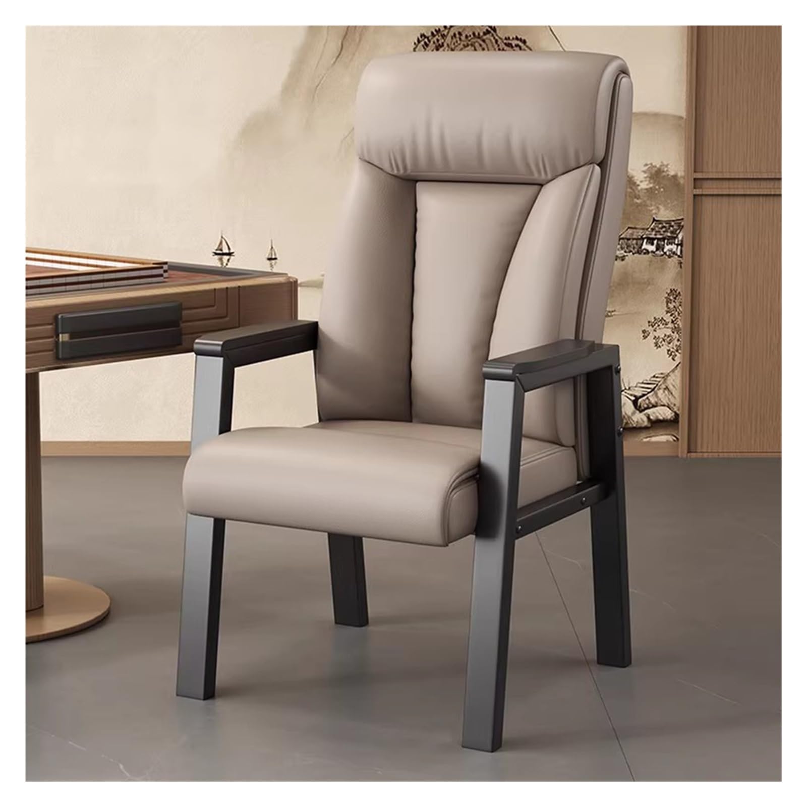 Chaise de bureau en métal et cuir GuestDesk avec accoudoirs, finition haut de gamme