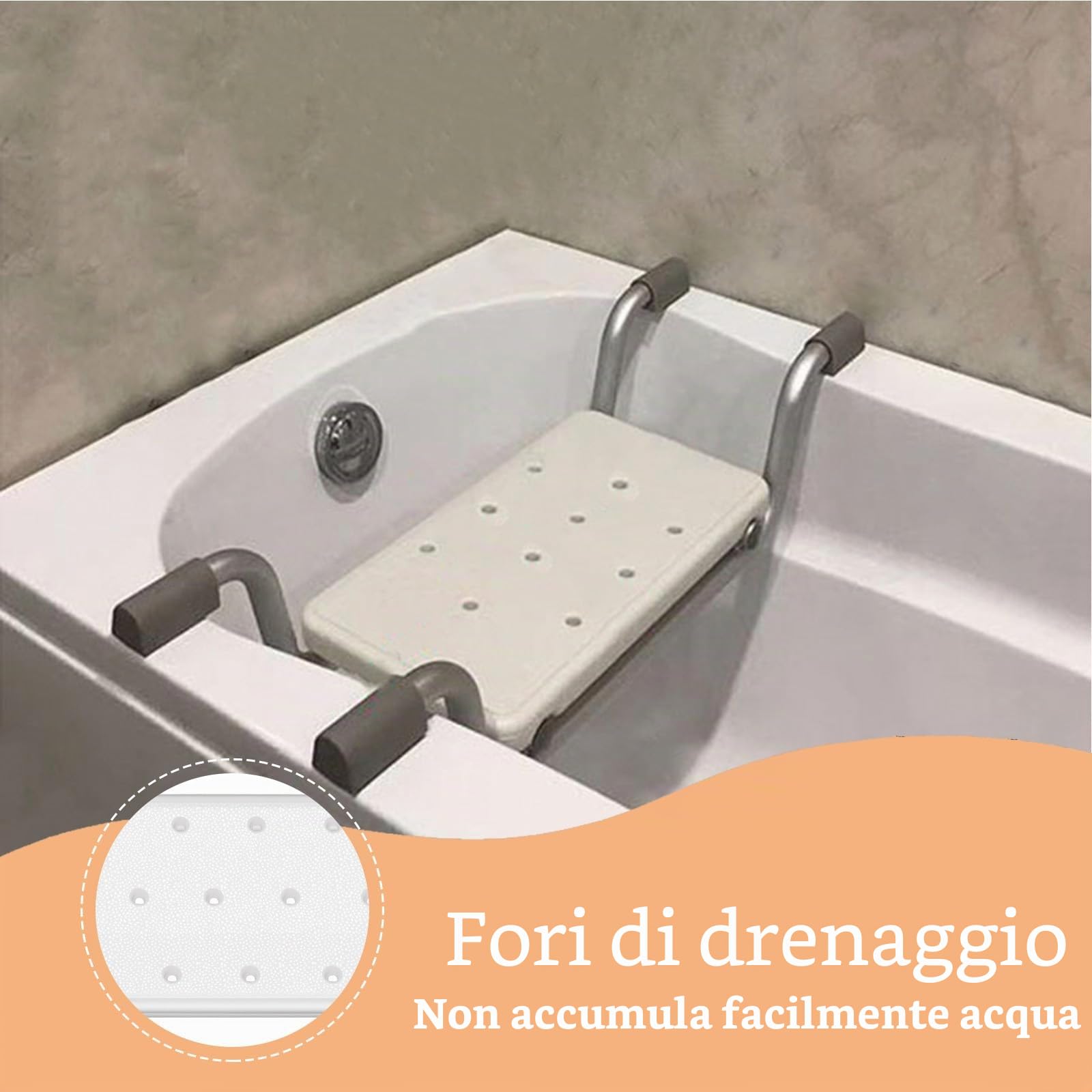 Sedile per vasca da bagno, Sedia per Vasca da Bagno per Anziani estraibile 72-82 cm, portata 136 kg, sedile regolabile per vasca da bagno, ripiano per vasca da bagno