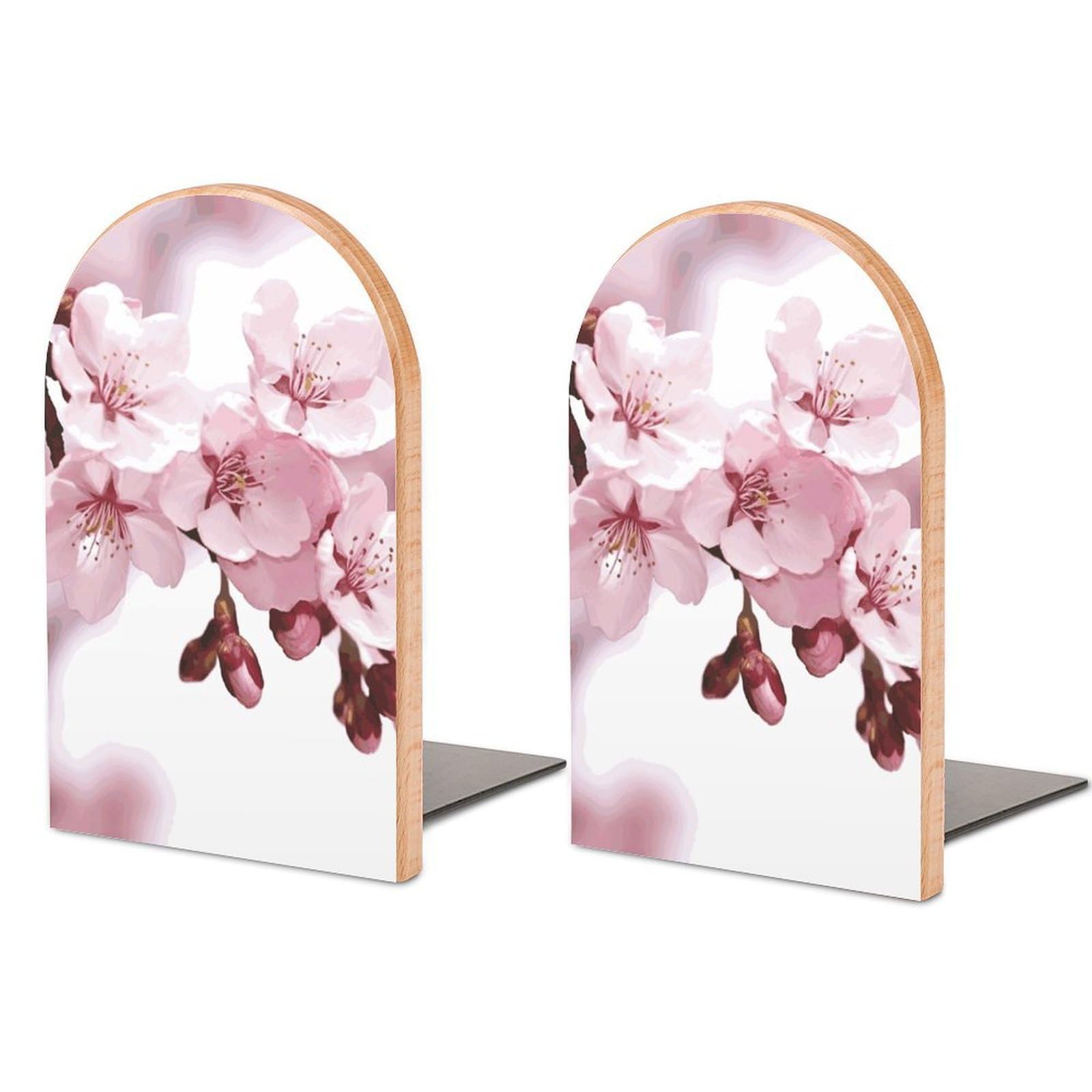 Cherry Blossom Book Ends for Shelves - 2 Pack Handmade Wooden Bookends with Metal Base, Sturdy Book Holder for Heavy Books Modern Decorative Book Stopper for Home Office