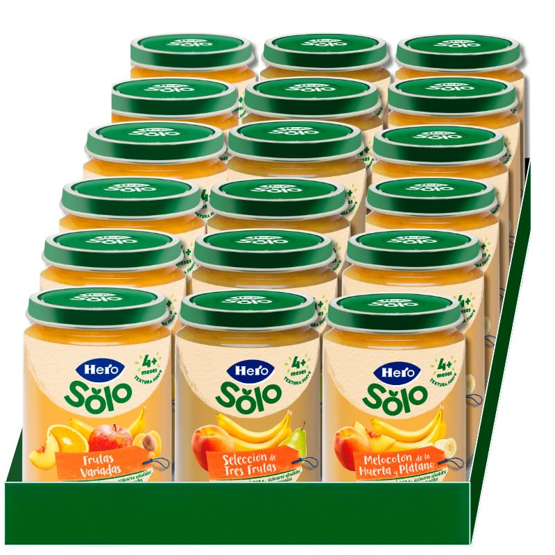 Hero Baby - Caja Mixta de Tarritos Frutas, 6 Tarritos de Frutas Variadas y 6 Tarritos Selección de Tres Frutas y 6 Tarritos de Melocotón de la Huerta y Plátano, Sin Azúcar Añadido, Pack de 18x190 gr