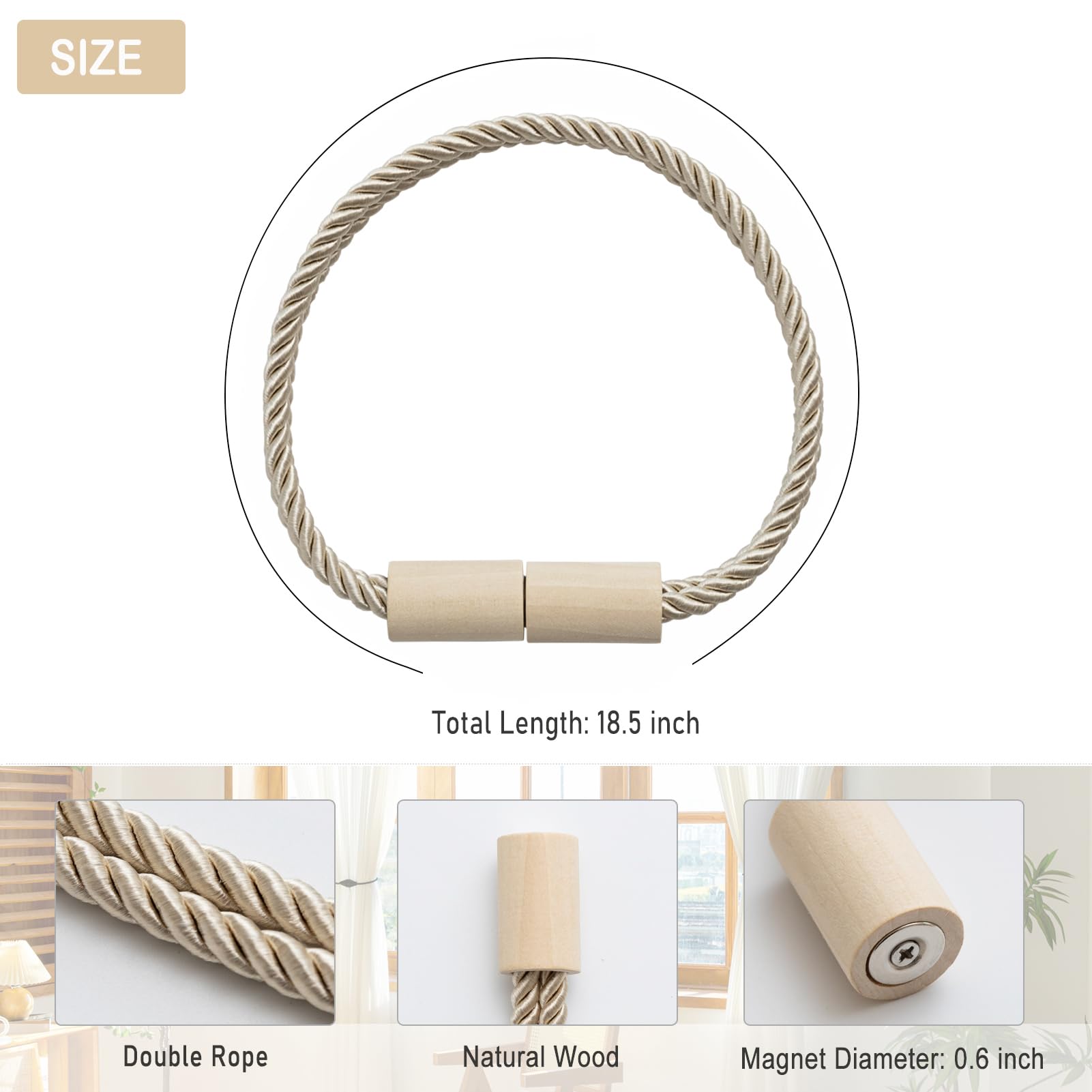 Contoeey Curtain Tiebacks Magnetic Boho Curtain Holders for Drapes 4 Pack Rope Curtain Tie Backs for Curtains Wooden Window Treatment Holdbacks for Home Decorative Curtain, Beige