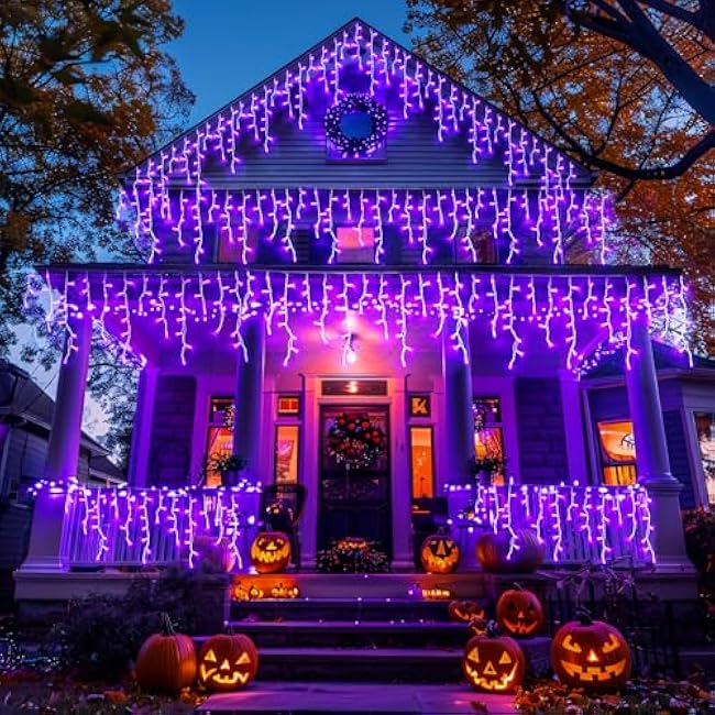 JMEXSUSS Purple Halloween Lights Outdoor, 800 LED Purple Icicle Lights Outdoor Waterproof, 8 Modes String Light Plug in for Fireplace Tree Garden Patio Halloween Decor
