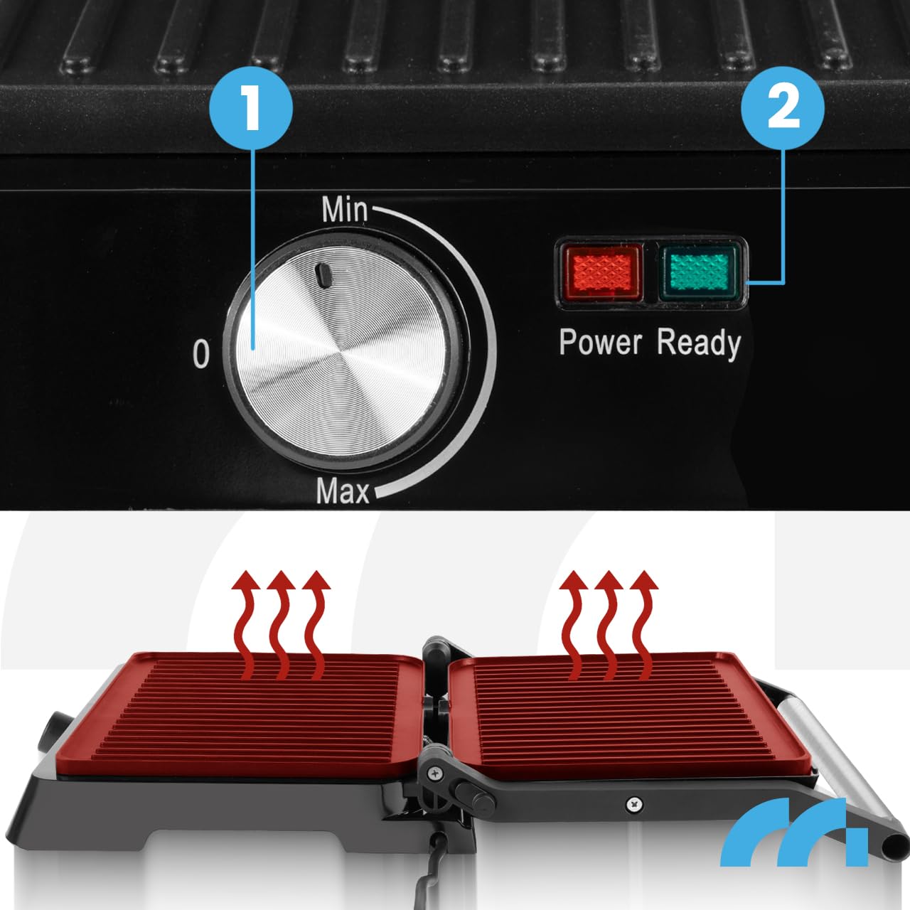 MalTec Kontaktgrill - Einstellbare Temperatur 180° aufklappbar. Große Grillfläche und hohe Power-Leistung. Teflonplatten verhindern das Anhaften und Fettauffangschale