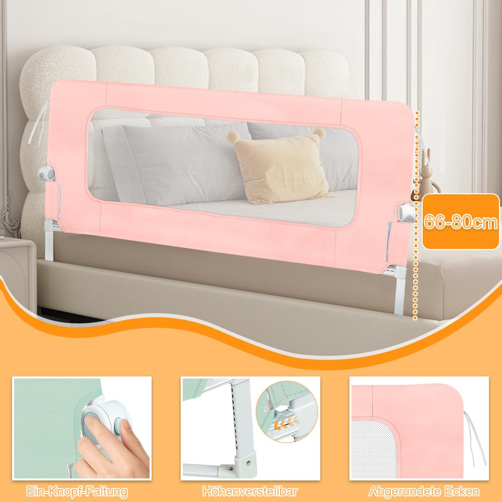 Barrière de Lit Bébé 200×73-86cm Réglable Hauteur Anti-Chute Rose