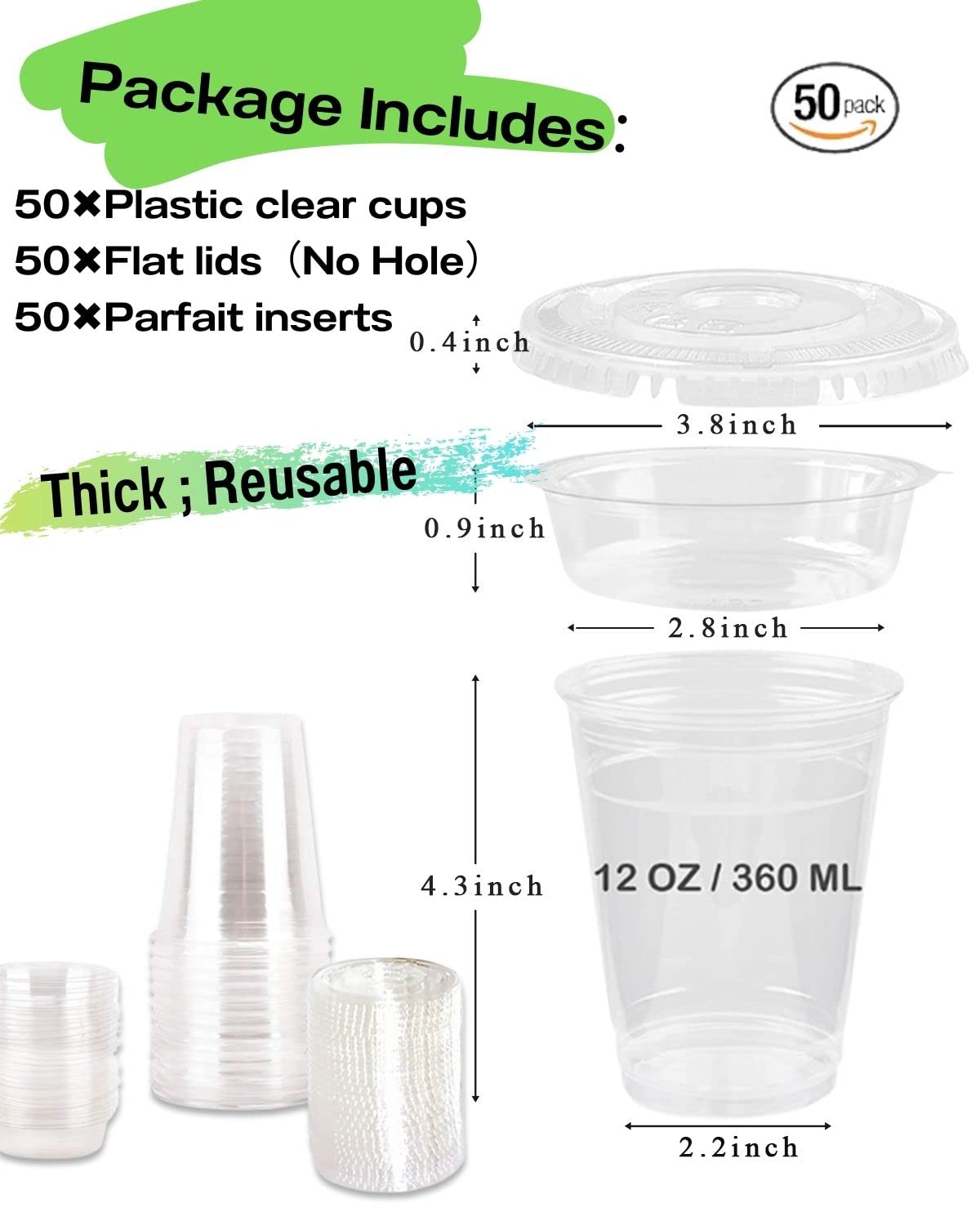 Lot De 50 Gobelets Fête Réutilisables Pour Café Glacé, Slushies, Desserts, Milkshakes Et Boissons Froides Avec Couvercles Et Papier étanche