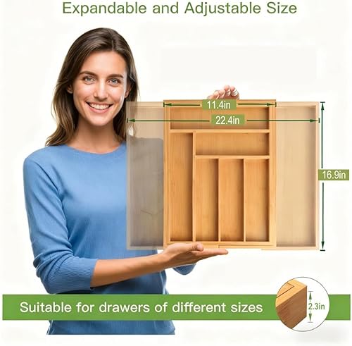 Miniatura 6 de QUEENKAY Organizador de cajones expandible de bambú para soporte de utensilios, divisores de cajones de madera para cubiertos, cubiertos, cuchillos