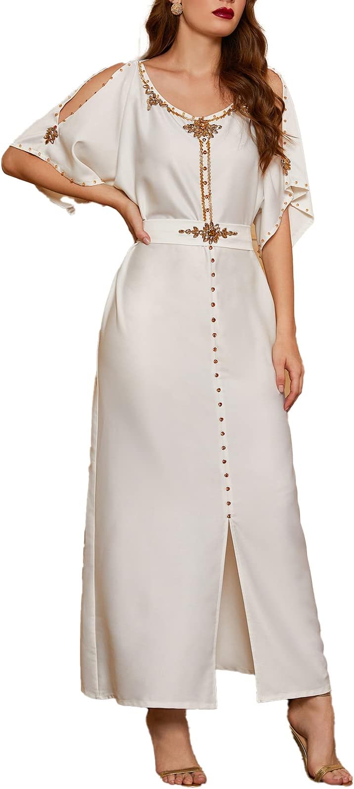 HaakyeaWomen's Luxury Evening Party Dress Rhinestone Sew Diamond with Belt Stain Maxi Dress Cold Shoulder Short Sleeve White Gown for Dubai Party Chic and Elegent