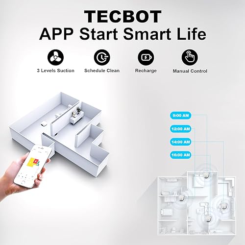 Miniatura 4 de TECBOT S1 Robot aspirador delgado 120 minutos de tiempo de ejecución 2 en 1 robot barrido o trapeador autocarga WiFi, aplicación y control remoto,