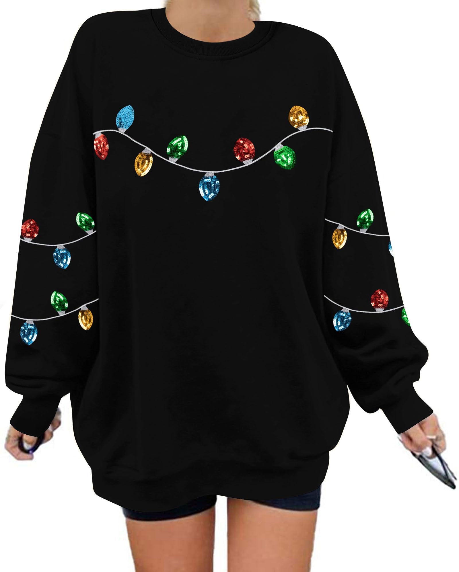 Christmas Sweatshirt for Women Sequin Light Long Sleeve Sweater Bow Xmas Pullover Tops Holiday Crewneck Shirts-image-26