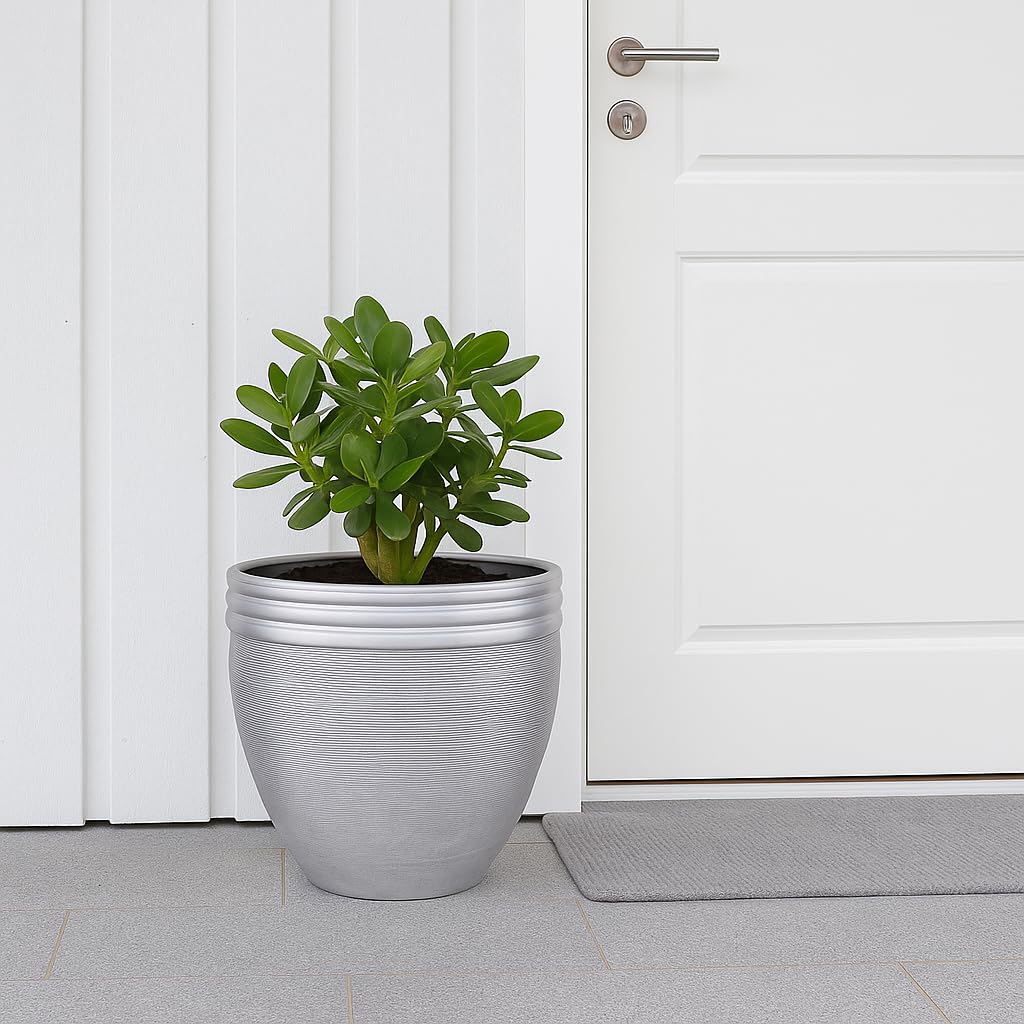 Marrakesch XXL Aluminiowa donica na kwiaty, Ø 47 cm, srebrna matowa, 61 l, duża, okrągła, do użytku na zewnątrz, do wnętrz, do ogrodu, na balkon i do salonu