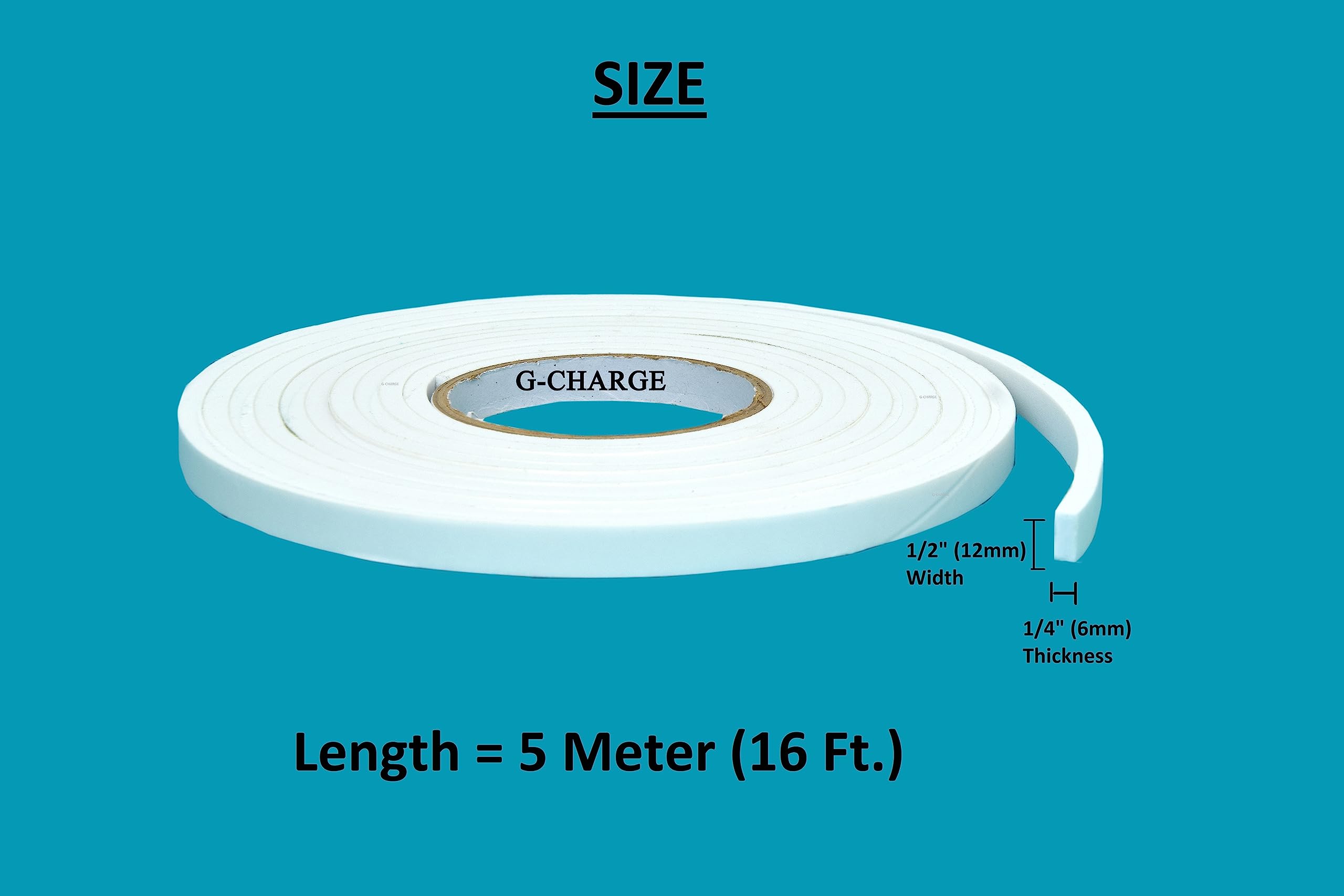 G-Charge Single Sided High Density Self Adhesive Gasket Tape, Weather Stripping Doors and Window Insulation Soundproofing, Foam Sealing Tape White, (1/2"(W) x 1/4"(T) x 5 Mtr (L), White)