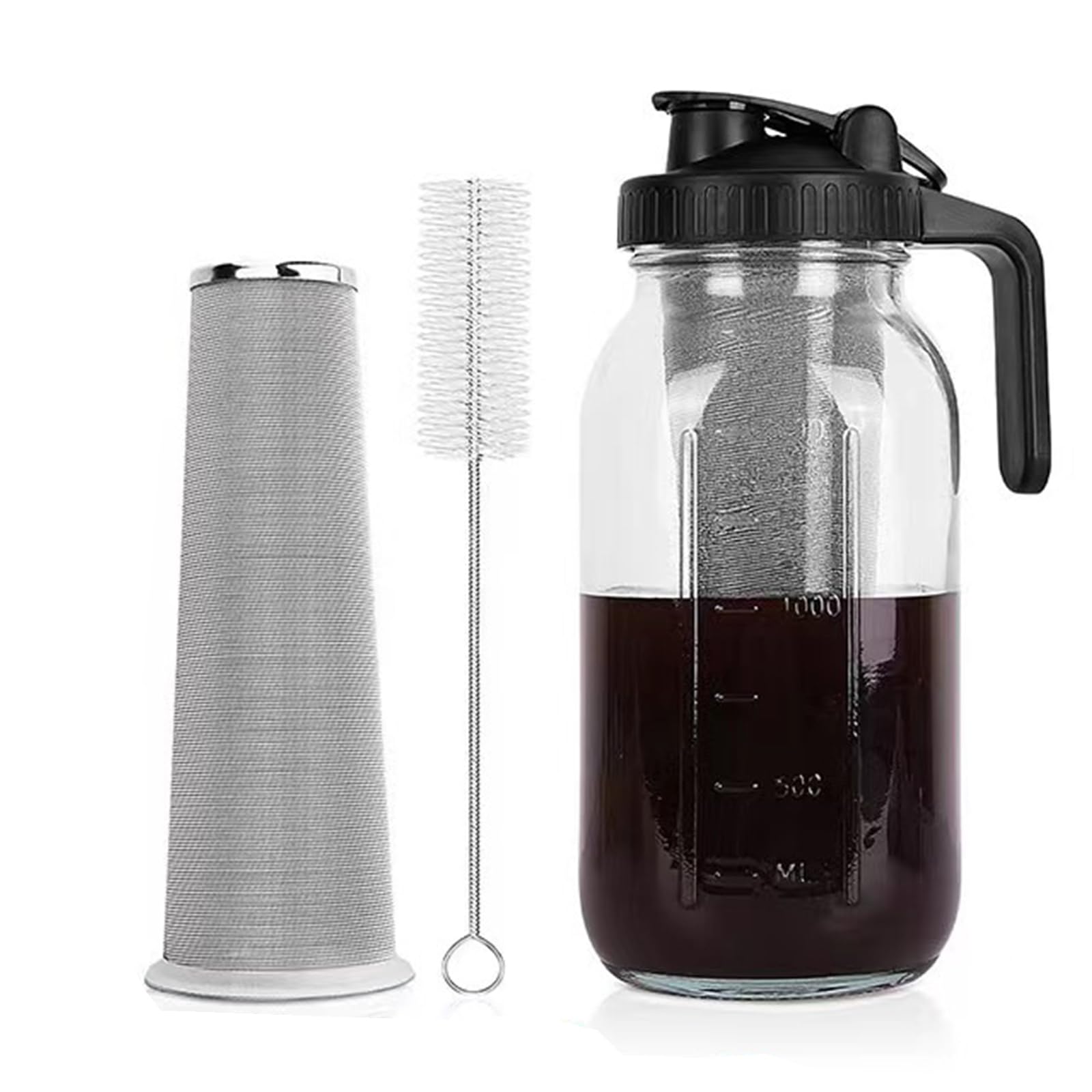Cold Brew Kaffeemaschine, 2 l, Eiskaffeekrug aus Glas mit Auslaufdeckel, Edelstahlbürste und superdichtem Filter mit Griff