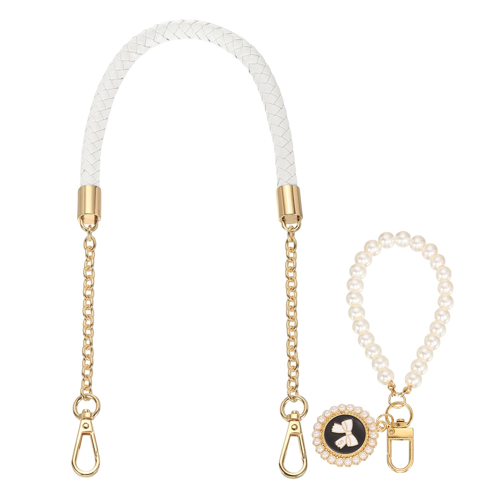 sourcing map PU Leather Chain Purse Strap, 24.4 Inch Braided Purse Handle Replacement with Pearl Pendant for Handbags Underarm Bag Tote (White, Light Gold Buckle)
