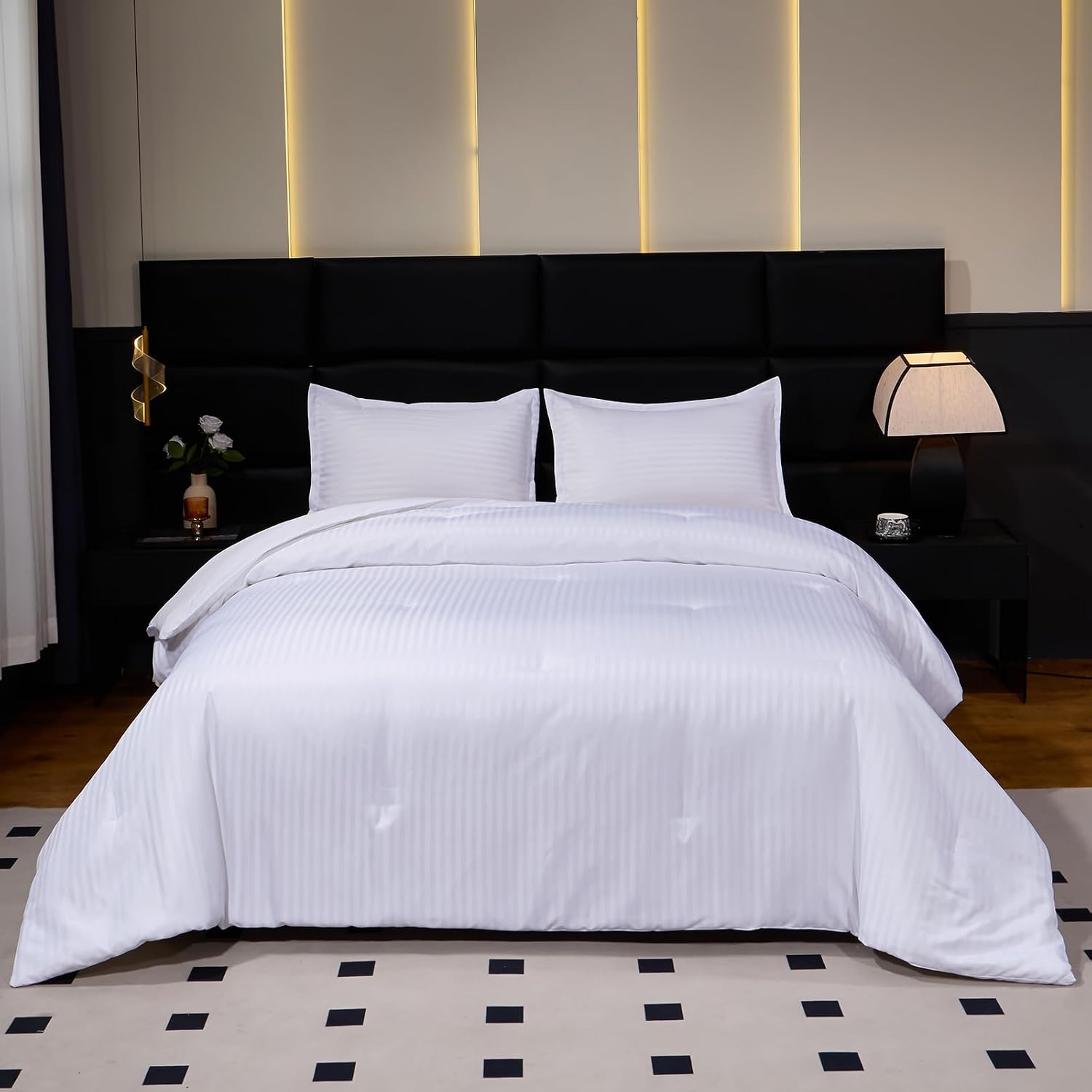 Caressma White Queen Comforter Set Damask Striped Hotel Bedding Set