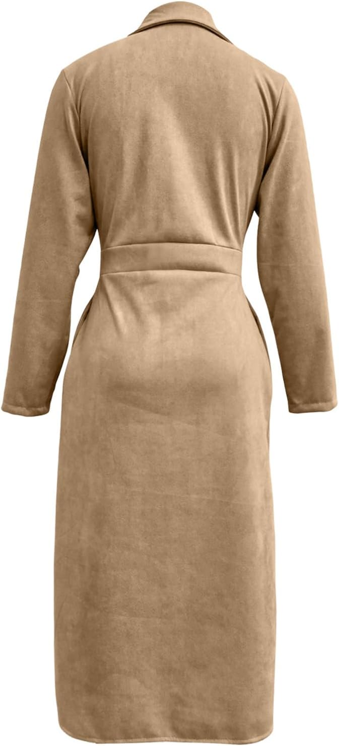Womens Vintage Western Dresses Faux Suede V Neck Button Down Long Sleeve Slim Fit Maxi Dress Boho Fall Casual Dress