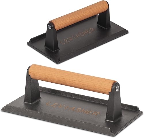 Prensa de parrilla de hierro fundido y plancha para carne y paninis, sándwiches, tocino y verduras, prensa rectangular para hamburguesas con mango