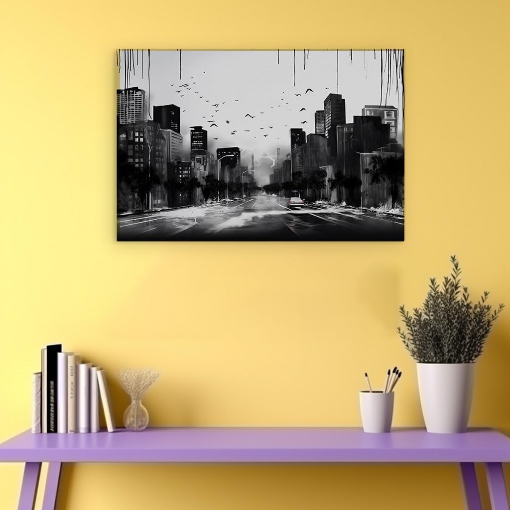 Canvas for Living room. Navigating the Monochromatic Metropolis - A Solitary Journey Amidst Soaring Skies, 27 x 18 inch Canvas Wall Art - Modern Home Decor - 69x46 cm (27x18 inch)