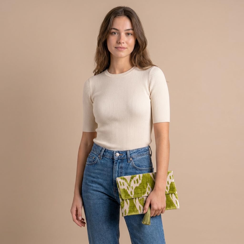 Bolso Ikat de terciopelo de seda hecho a mano, estilo sobre, diseño bohemio, patrón étnico, opción de correa de cadena, bolso de mano de fiesta de noche, bolso de mano premium, blanco roto