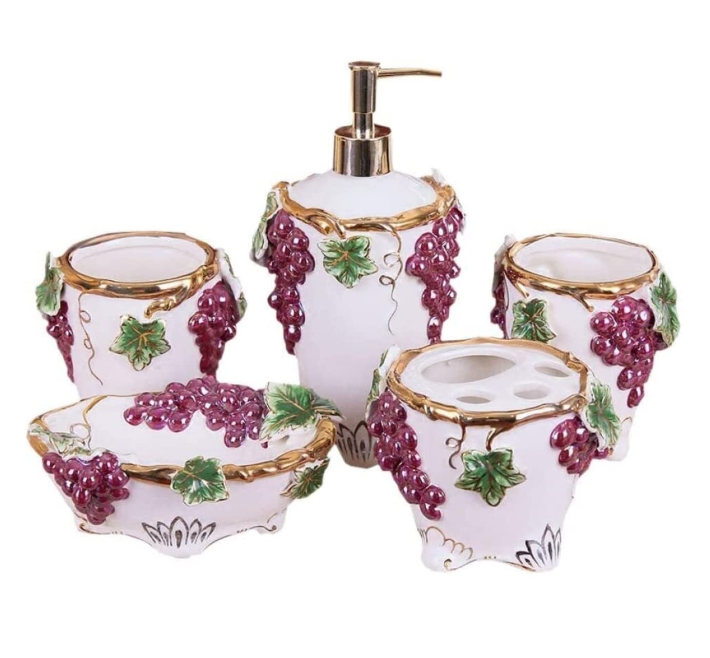 Accessori Bagno,Dispenser Set di Accessori per Il Bagno Bagno in Ceramica D'uva Set da Bagno in Cinque Pezzi Spazzolatura Pratica Tazza Regalo Europeo Portasaponetta