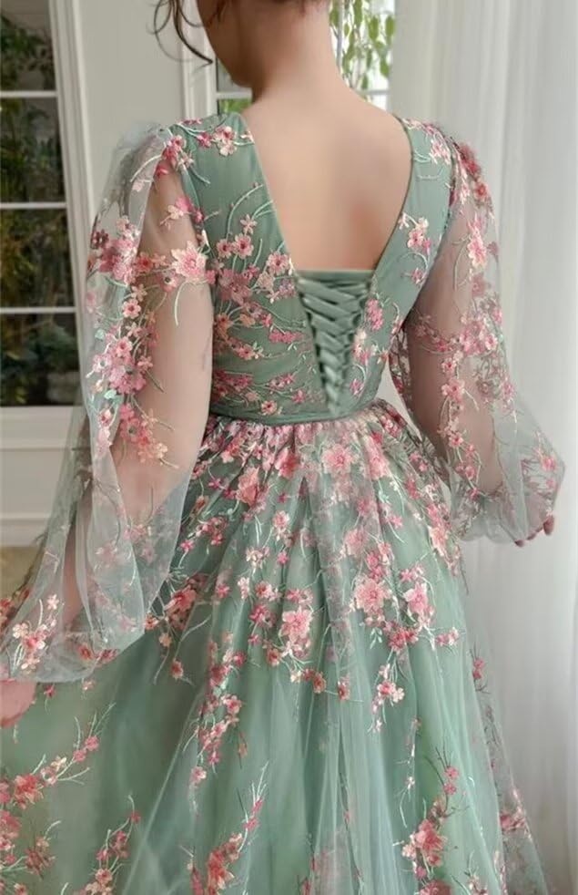 Jamille Tea Length Prom Dress for Women Formal Floral Gowns with Puffy Sleeves Long Embroidery Tulle Evening Dress JA0011 B2