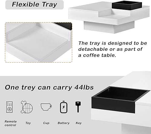 Miniatura 5 de Merax Mesa de centro moderna con luces LED, mesa de centro cuadrada de 31.5 x 31.5 pulgadas con bandeja desmontable, mesa de centro minimalista para