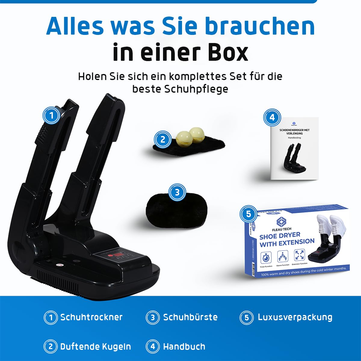Fleau Smart Schuhtrockner – Ozon-/Trocknungsfunktion – Schuherfrischer – Geruchsentferner – Inkl. Duftkugeln & Schuhbürste (Schuhtrockner mit Verlängerung)