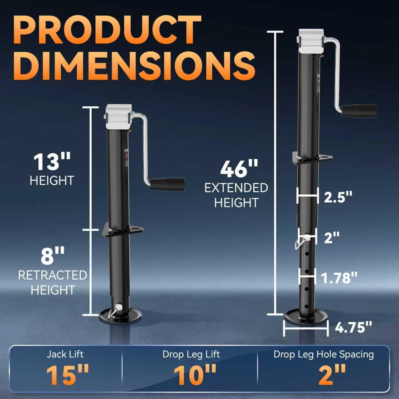 5000 lbs 15" Lift Side Wind A Frame Trailer Jack with Adjustable Drop Leg