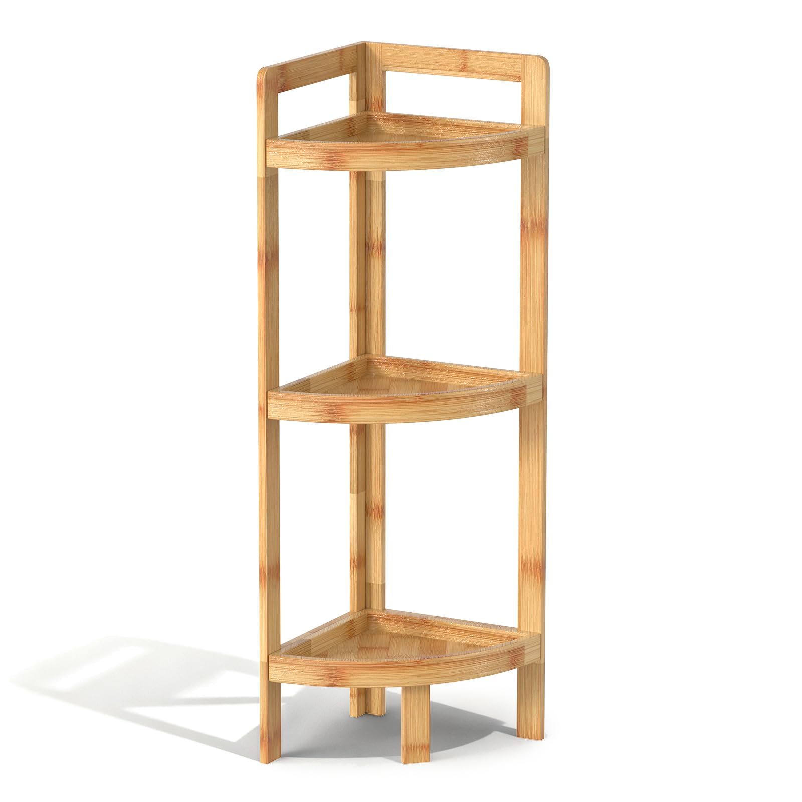 Photo 1 of 2026 New Bamboo Standing Shelf, 3 Tier Corner Shelf Stand, Free-Standing Shelf Units, Triangular Curved Corner Shelf Stand for Space-Saaving Display Ideal for Bathroom/Kitchen/Living Room Storage
