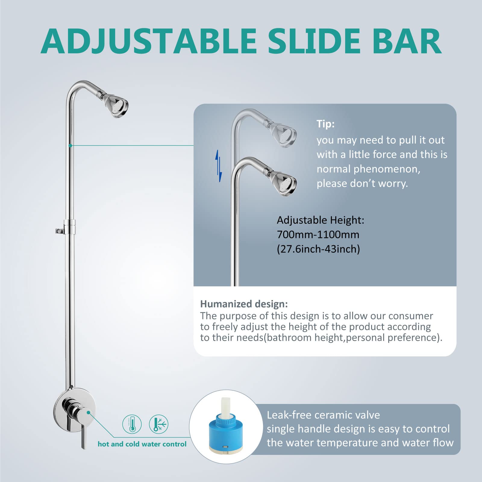 Aolemi Juego de ducha para exteriores cabezal de ducha de alta presión montaje en pared accesorio de ducha expuesto cromado pulido con barra deslizante ajustable juego de grifo de ducha | Con cabezal de ducha y válvula, elevador ajustable SUS304, montaje