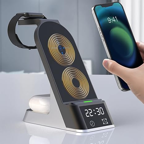 lanhui 6 in 1 charging station with digital alarm clock upgraded wireless charging station for multiple devices 15w charging dock stand charging dock