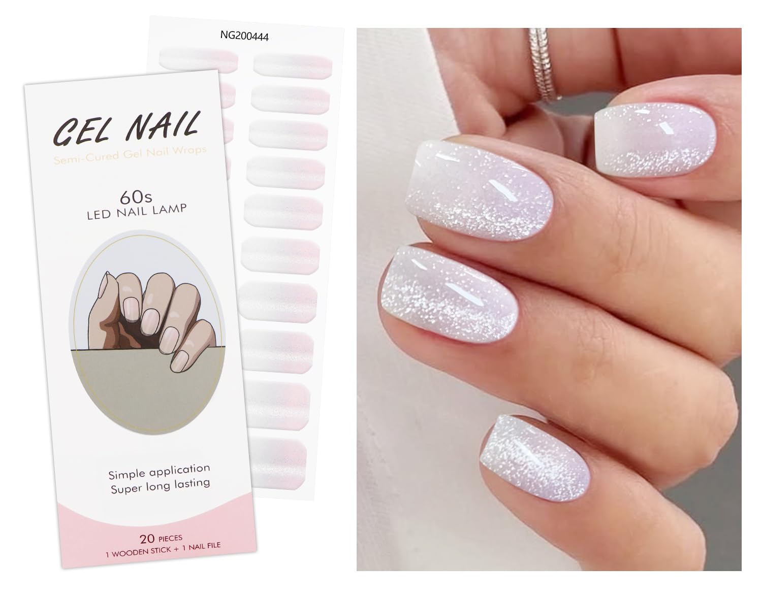JMEOWIO Gel Nail Stickers Transparent Pink Cat Eye Semi Cured Gel Nail Strips Wraps UV/LED Nails Art Design Decoration Accessories