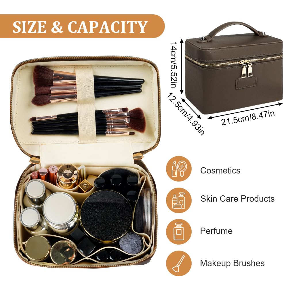 Bolsa de Aseo Mujer Maquillaje, Bolsas de Cosméticos de PU, Bolsa de Lavado de Viaje, Organizador Grande para Maquillaje, Neceser Makeup Bag Multifuncional, Regalo Ideal para Mujeres, Café Claro