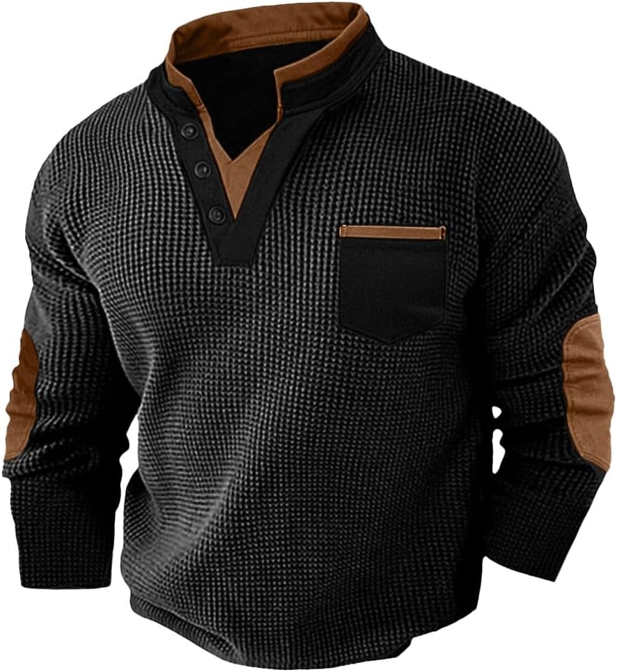 Men's Waffle Henley Shirt Long Sleeve V Neck Solid Color Fake Two-Piece Casual Streetwear Sports Fashion Top