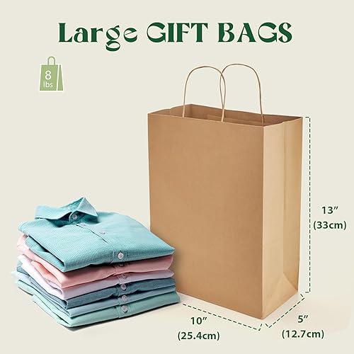 Miniatura 30 de MESHA Bolsas de papel grandes de 10 x 5 x 13 pulgadas, bolsas de papel kraft para compras con asas, paquete de 50 bolsas de regalo grandes, bolsas