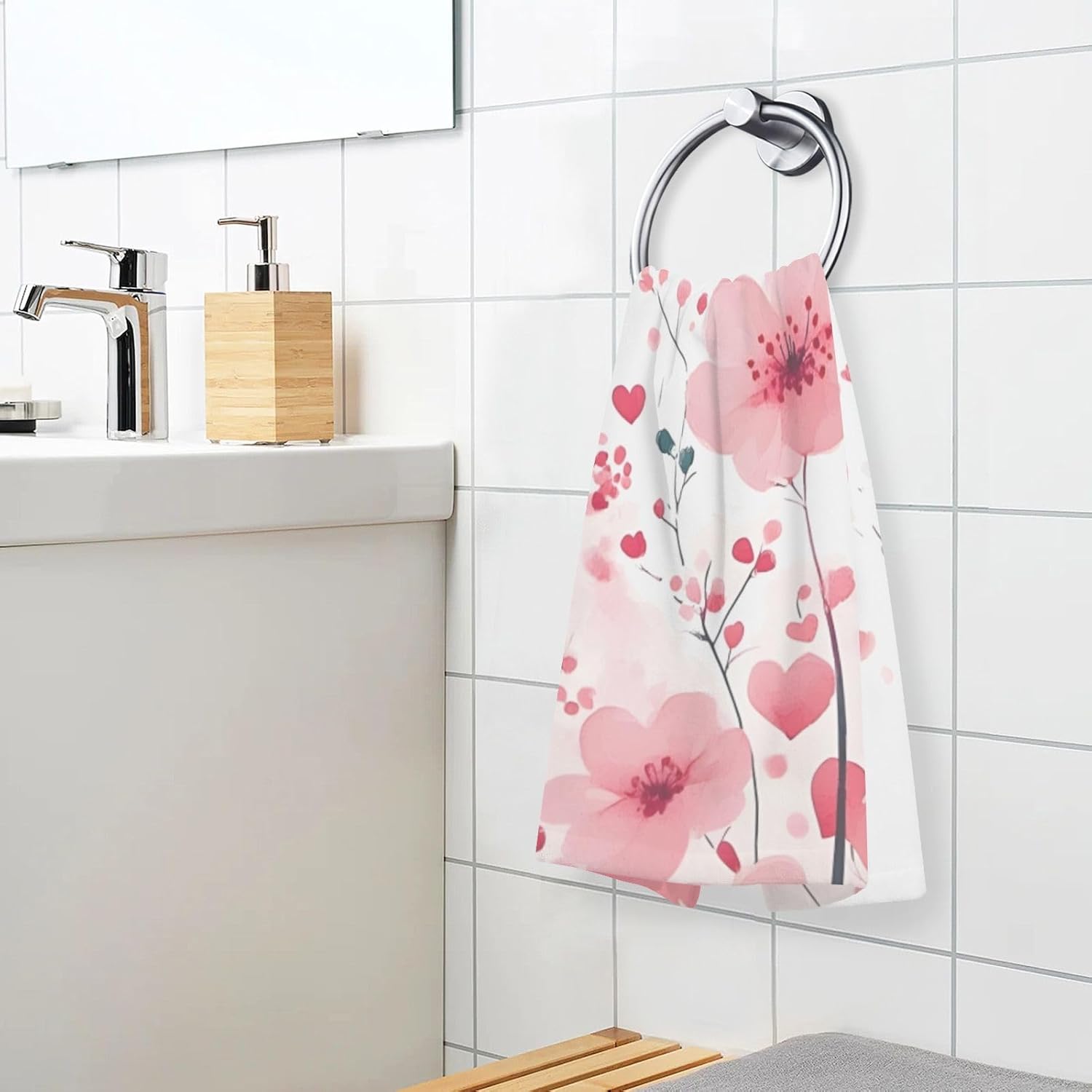 Cotton Hand Towels for Bathroom Set of 2 Valentine's Day Flower Hearts Kitchen Towels Soft Bath Towel Absorbent Towels for Face,Gym,Sports 16x28in