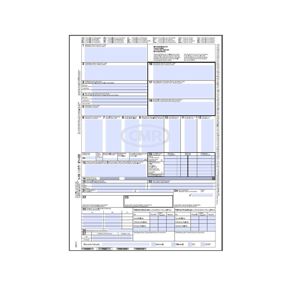 MASHPAPER CMR Frachtbrief - 4-fach Ausführung für Laserdrucker, 100 Stück | Offizielle Version mit Palettentauschfeld, 21 x 29,7 cm, Blatt 1-4 lose, perfekte CMR-Frachtbrief-Vorlage für Laserdrucker