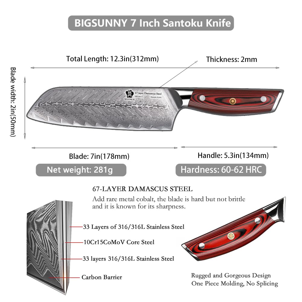WILDMOK Cuchillo de trinchar Damasco, cuchillo de carne japonés asiático profesional afilado de 18 cm, cuchillo de cocina multifunción de acero súper vg10 para verduras, juego completo Tang