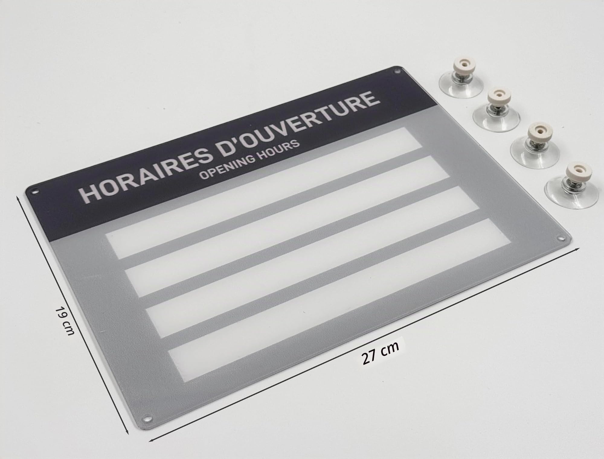 codiarts - Panneau horaires d'ouverture avec ventouses - 19 x 27 cm - En verre acrylique - Plaque de fenêtre inscriptible individuellement - Pour les magasins et les bureaux en français