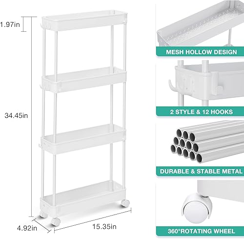Miniatura 5 de TOOLF Carrito de almacenamiento delgado con ruedas, organizador de baño de 4 niveles, carrito utilitario con ruedas con ganchos, organizador de