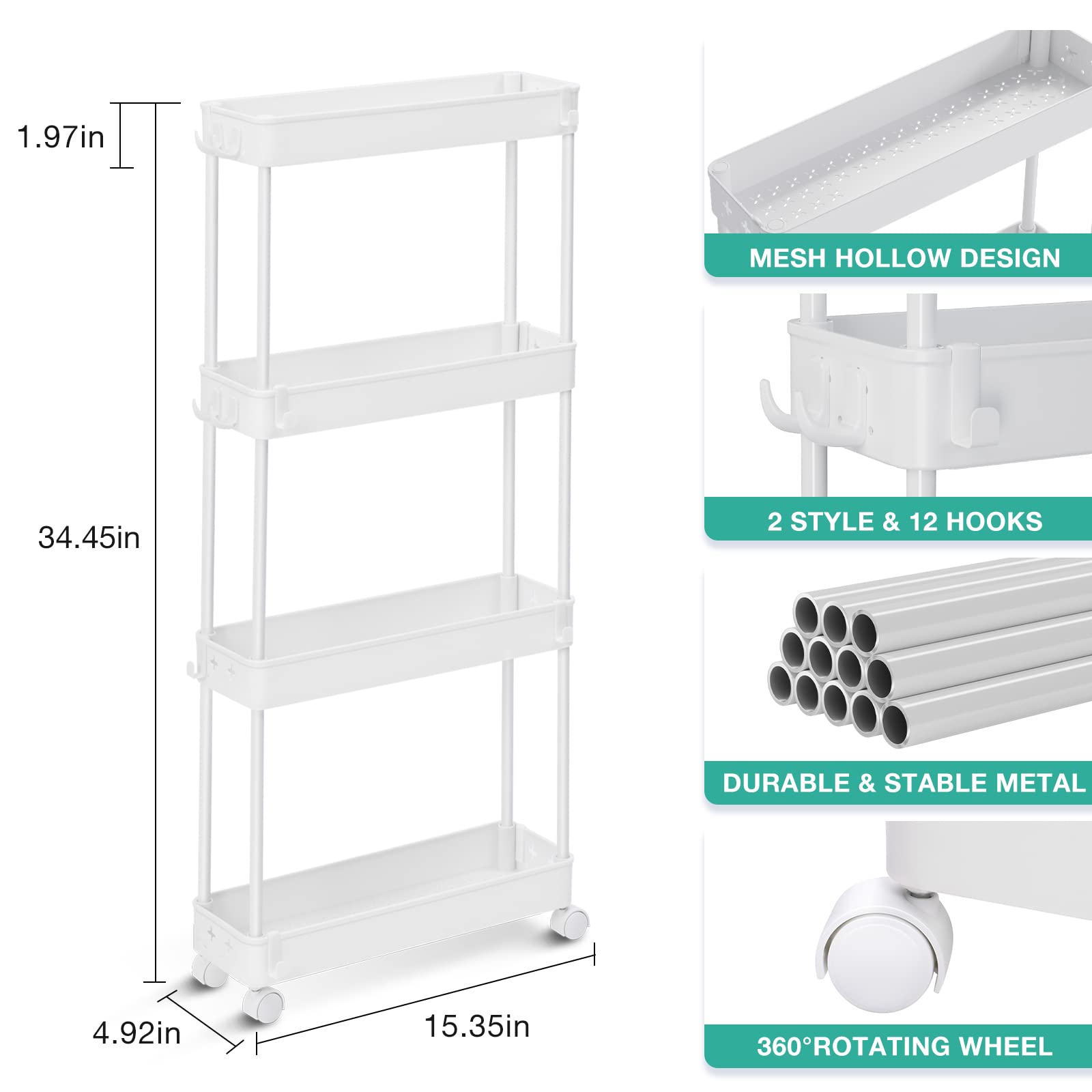 KINGRACK 4 Tier Slim Storage Cart, Narrow Rolling Cart, Bathroom Organizer Laundry Room Organization Mobile Slide Out Rolling Rack for Kitchen Office Small Narrow Space, White