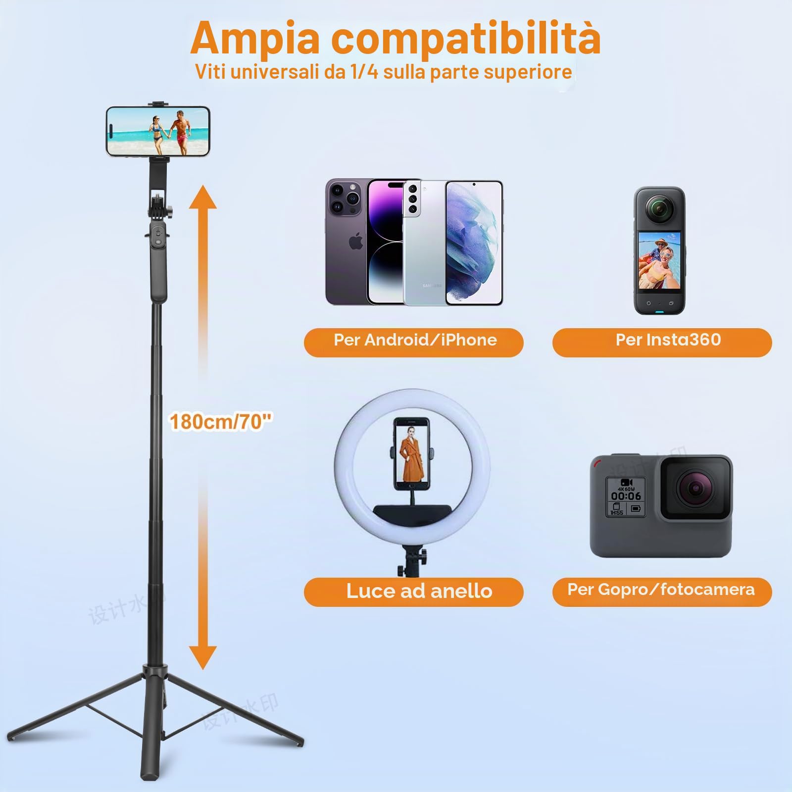 Treppiede per selfie da 177,8 cm, con telecomando ricaricabile, portatile, estensibile, 3 in 1, per registrazione video, selfie da viaggio per iPhone e Android