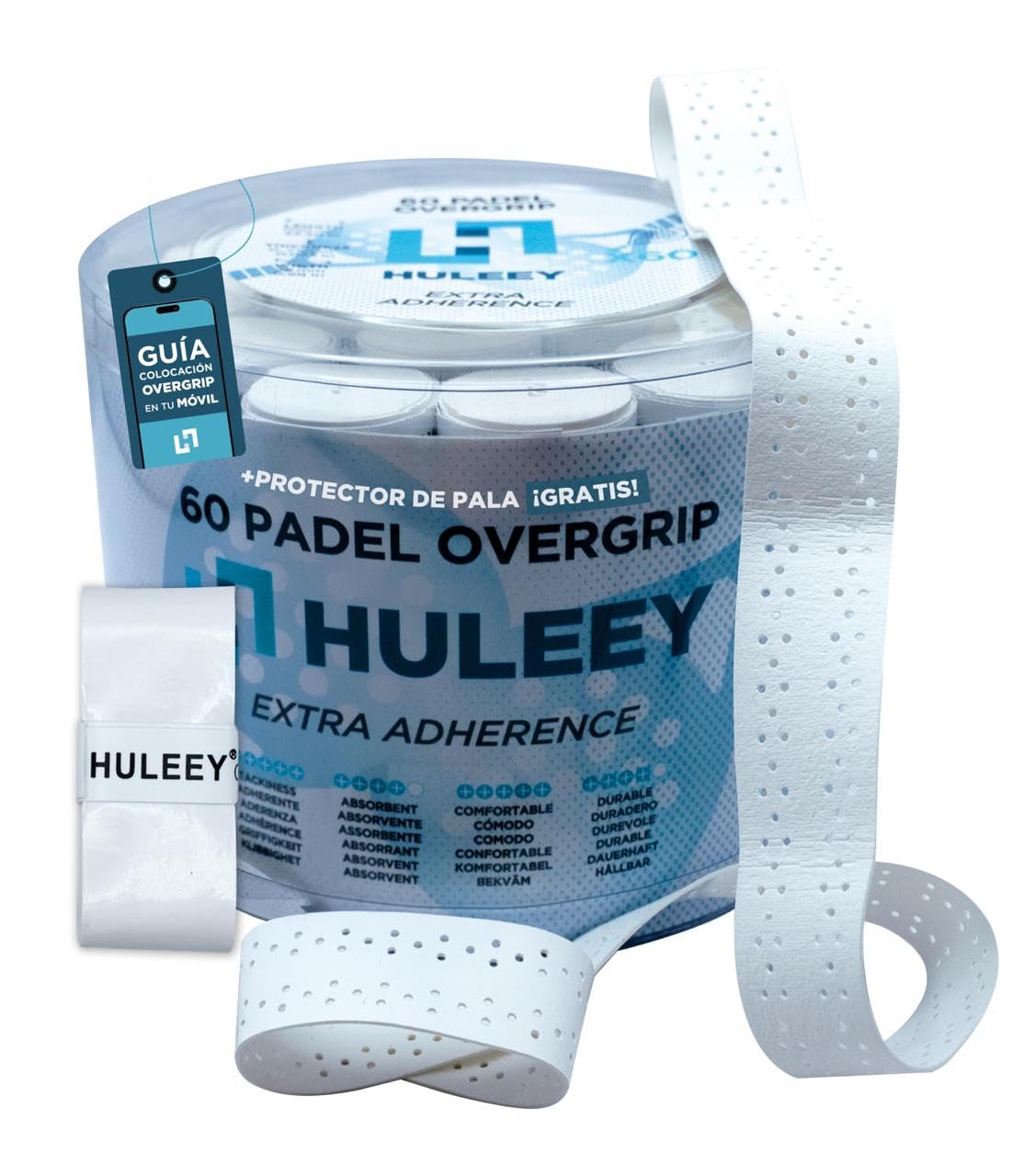 HULEEY Overgrips Pádel Blanco Perforado – Packs 6/12/20/60 – Antideslizante Extra-Adherente – Alta Absorción – Incluye Protector de Pala — view 9