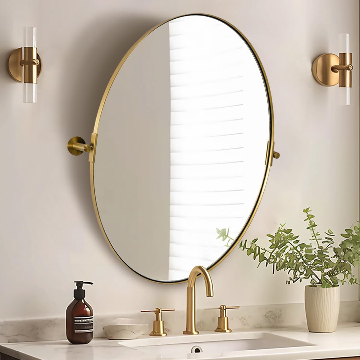 ANDY STAR Gold Bathroom Mirror, 24" x 32" Tilting Vanity Oval Mirror for Wall, Brushed Gold Stainless Steel Metal Frame Pivot Mirror Hangs Vertically Wall-Mounted