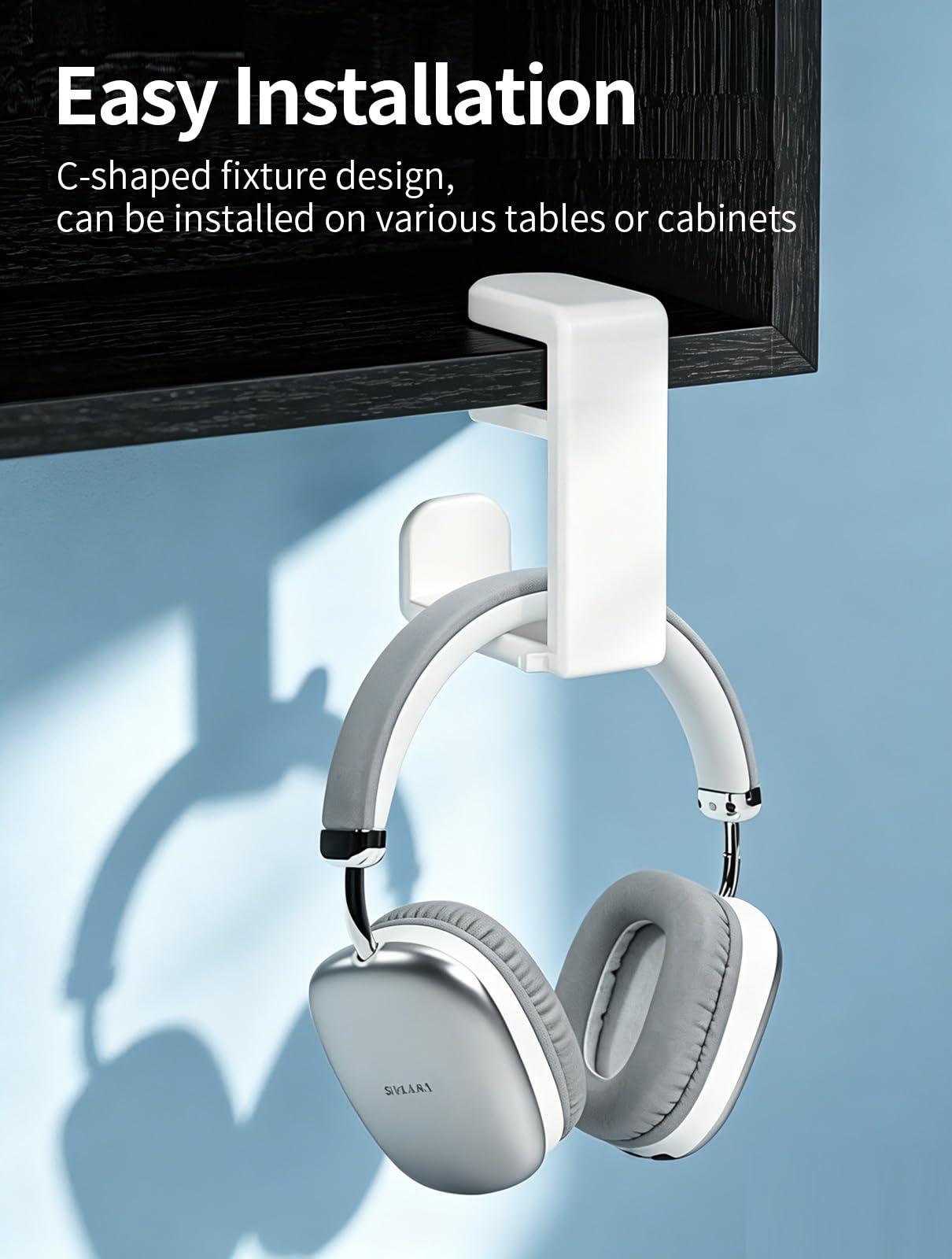 Gancio per cuffie, supporto per cuffie da scrivania, supporto per cuffie da gioco per PC, con girevole a 360 gradi e organizer per cavi (bianco)