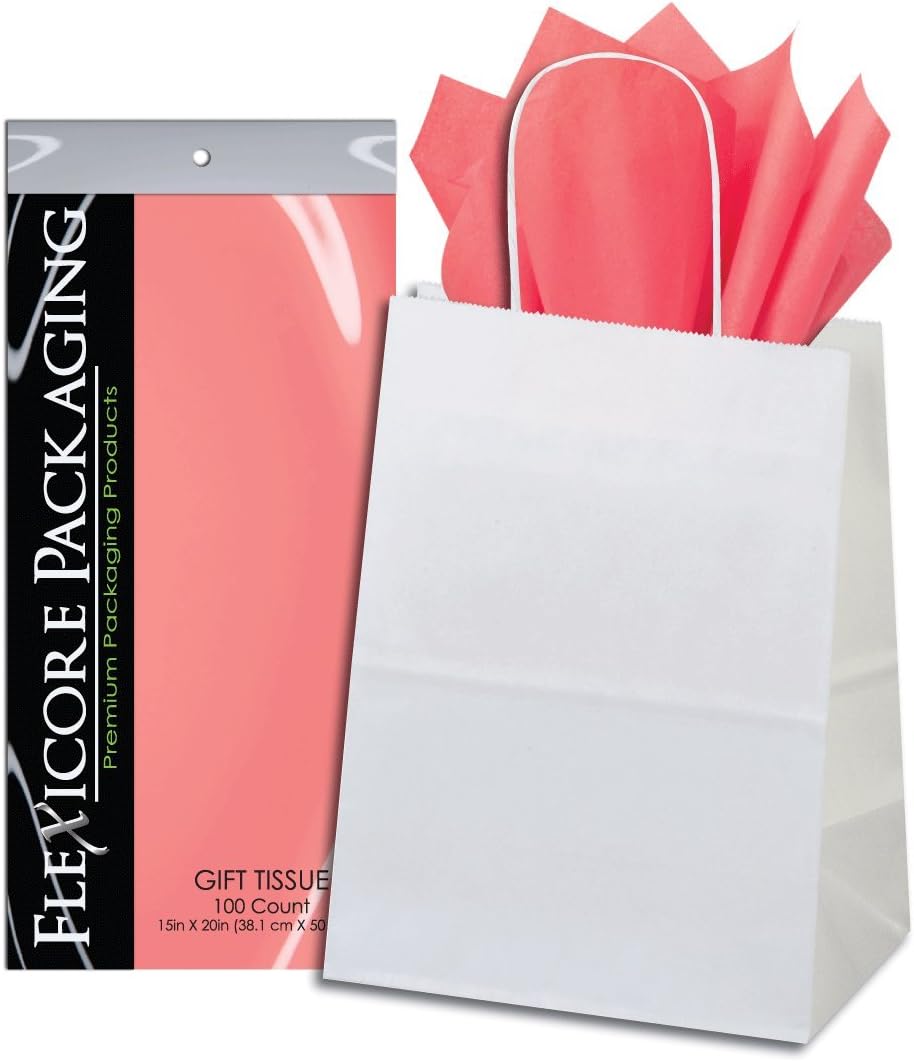 Flexicore Packaging White Kraft Paper Gift Bags & Coral Pink Gift Wrap Tissue Paper Size: 8 Inch X 4.75 Inch X 10.5 Inch | Count: 50 Bags | Color: Coral Pink